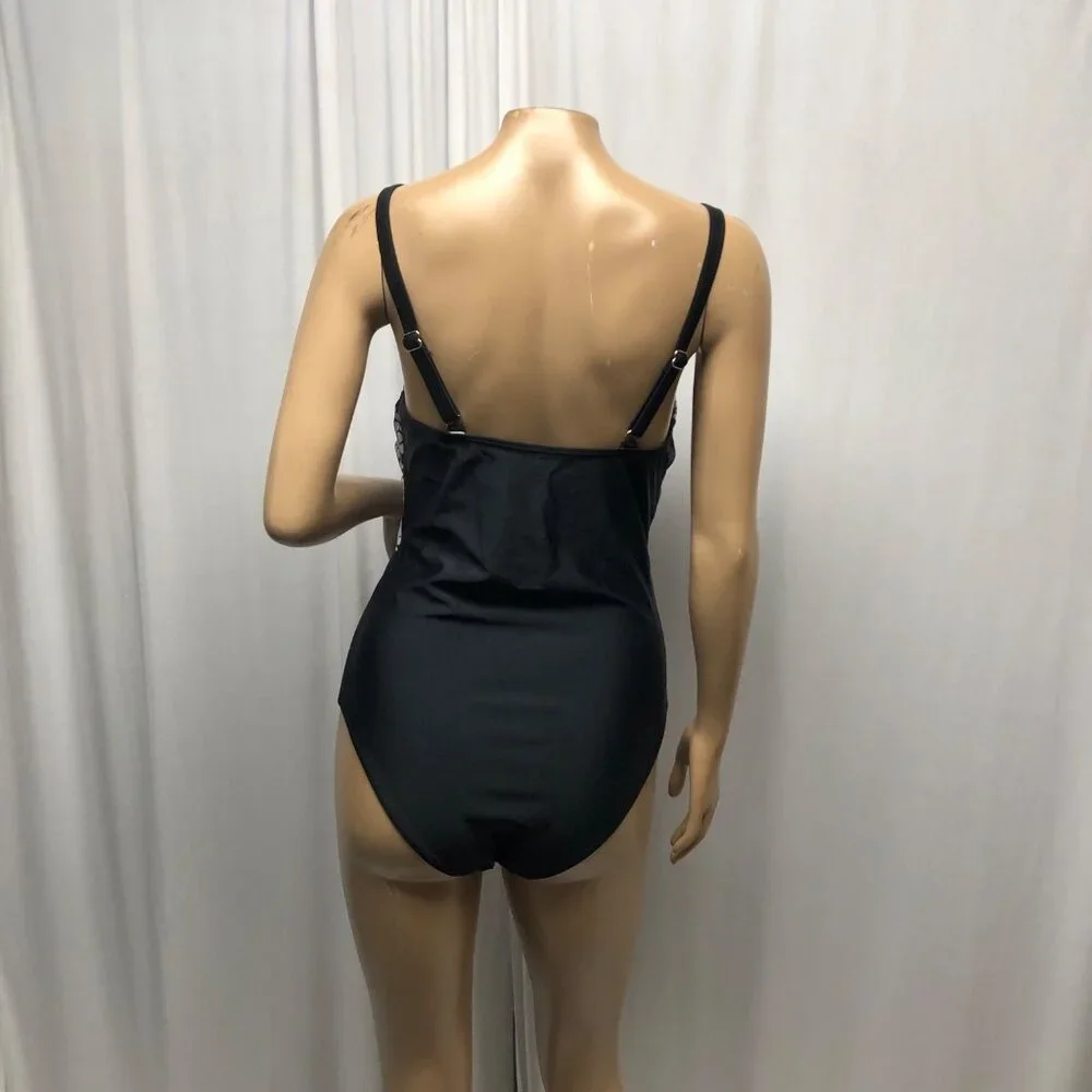 B2Prity Black White Polka Dot Wrap One-Piece Swimsuit Womens Size Large NEW
